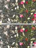 Double Border Pattern Floral Stems Printed Stretch Cotton Lawn - Dark Grey / Green / Red / Hot Pink