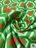 Geometric Art Deco Printed Linen-Weave Cotton - Bright Green / Bright Coral / White