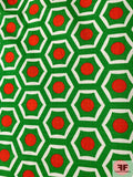 Geometric Art Deco Printed Linen-Weave Cotton - Bright Green / Bright Coral / White