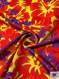 Bold Vibrant Leaf and Floral Printed Cotton Faille - Red / Yellow / Purple