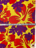 Bold Vibrant Leaf and Floral Printed Cotton Faille - Red / Yellow / Purple