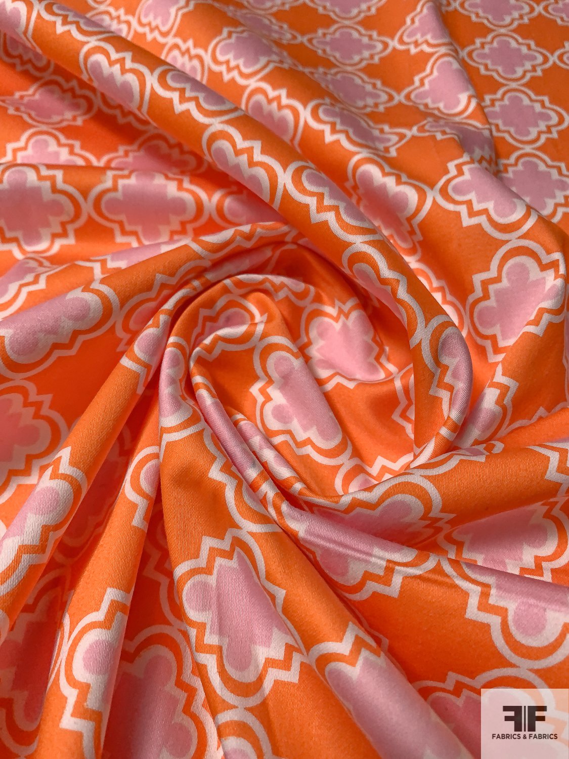 Quatrefoil Printed Stretch Twill Cotton Sateen - Orange / Orchid / White