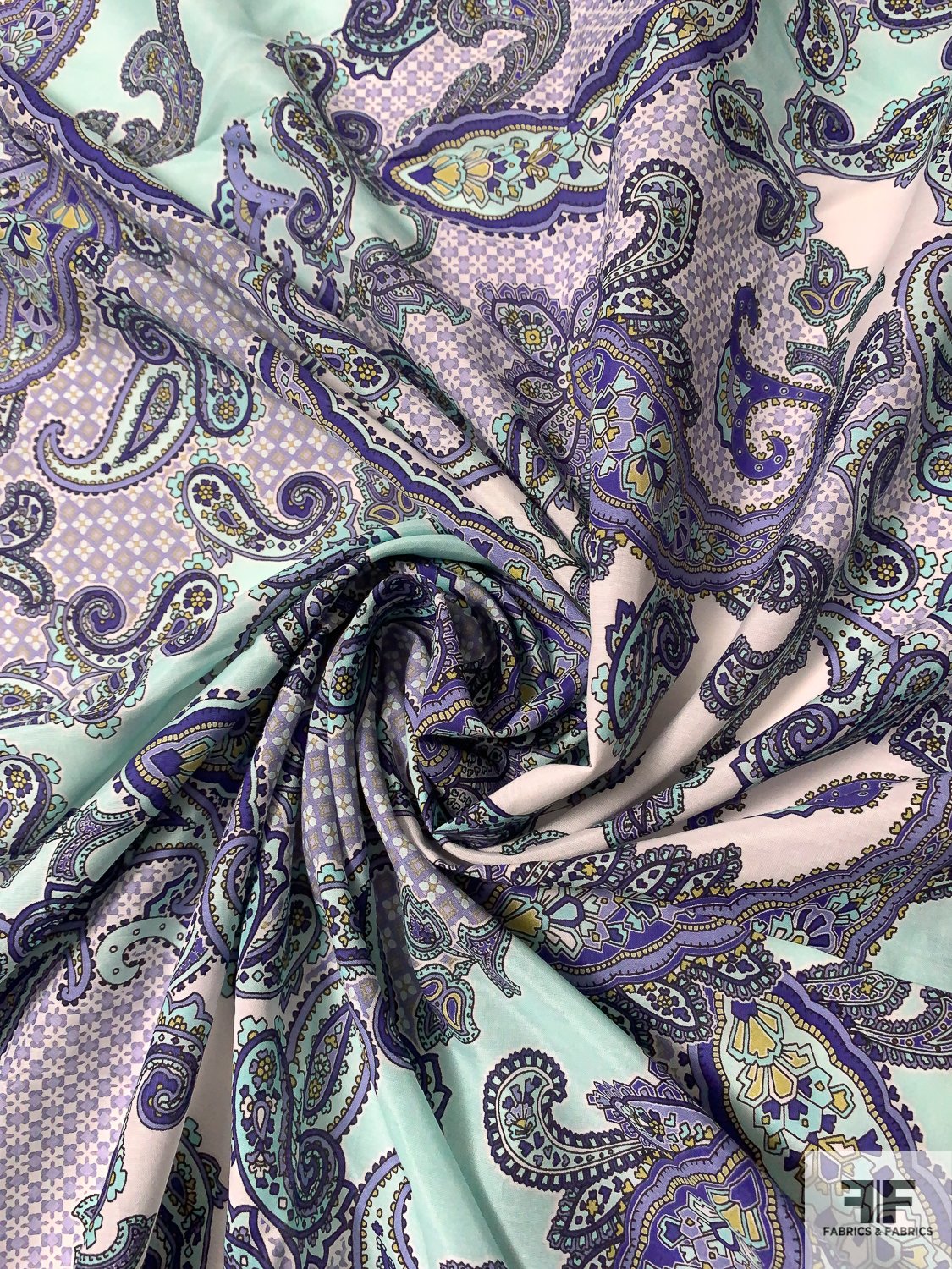 Italian Paisley Printed Batiste-Weight Cotton and Silk - Seafoam / Royal Purple / Off-White