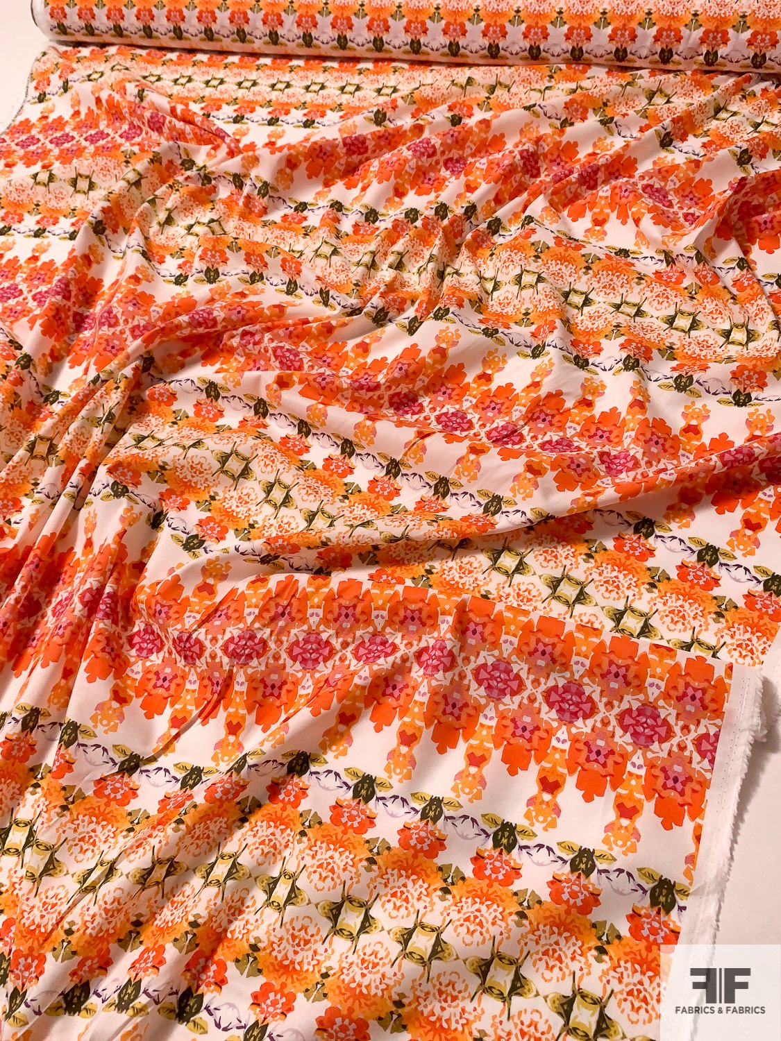 Ethnic Art Deco Printed Cotton Batiste - Shades of Orange / Olive / Purple
