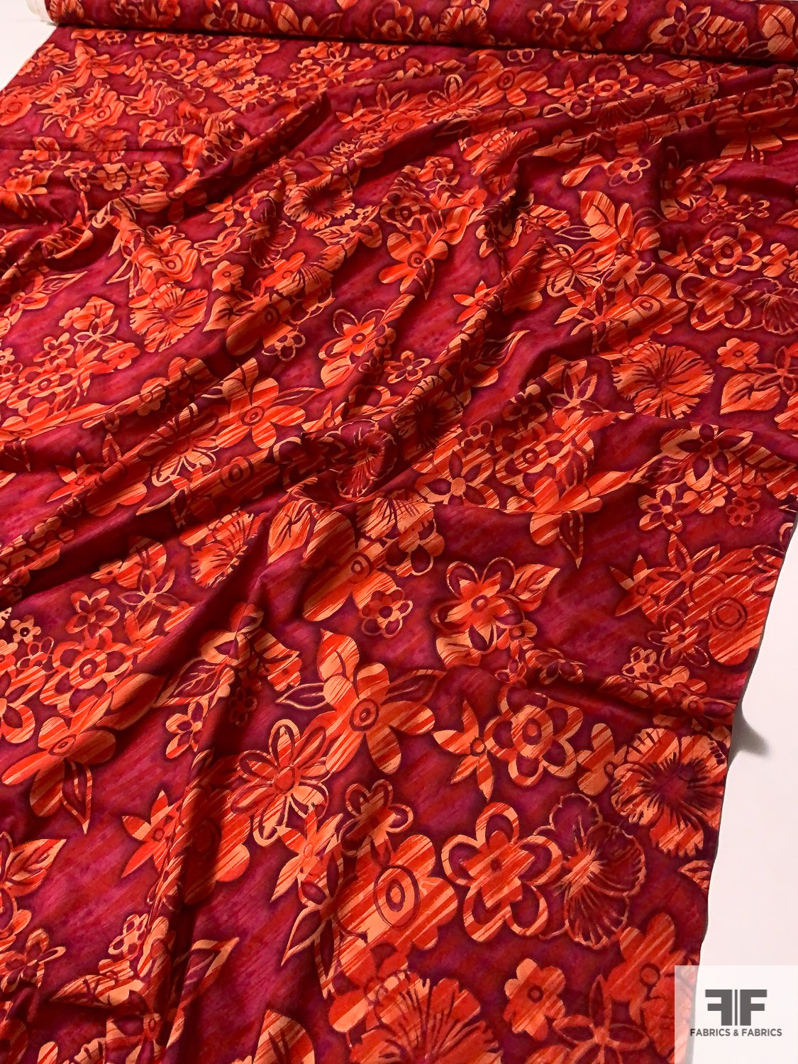 Streaky Floral Printed Cotton Lawn - Shades of Red / Orange / Violet