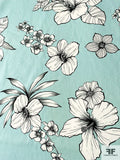 Floral Blossoms Printed Washed Stretch Cotton Twill - Seafoam / White / Black