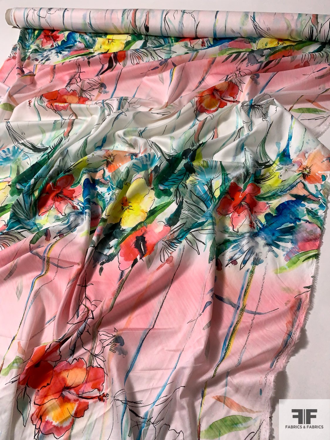 Streaky Watercolor Floral Printed Sateen Cotton Lawn - Multicolor