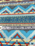 Ethnic Boho Linear Design Printed Stretch Cotton Sateen - Shades of Blue / Hot Orange / Butter Yellow / Grey