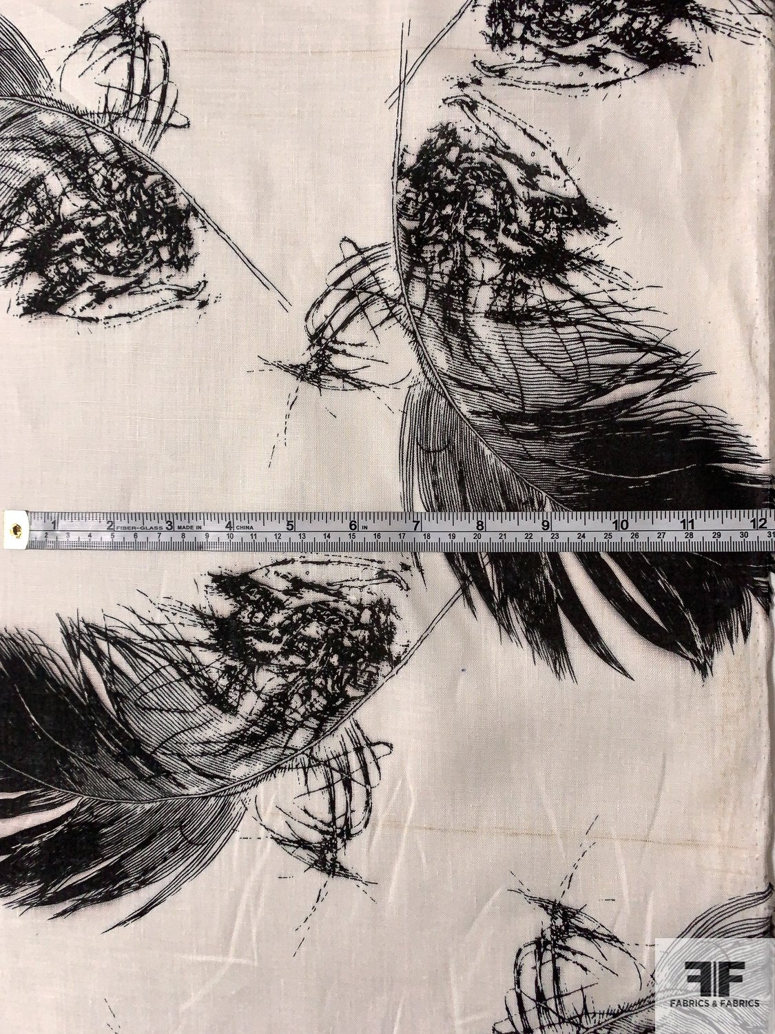 Feathery Leaf Sketch Printed Linen - Black / Ivory