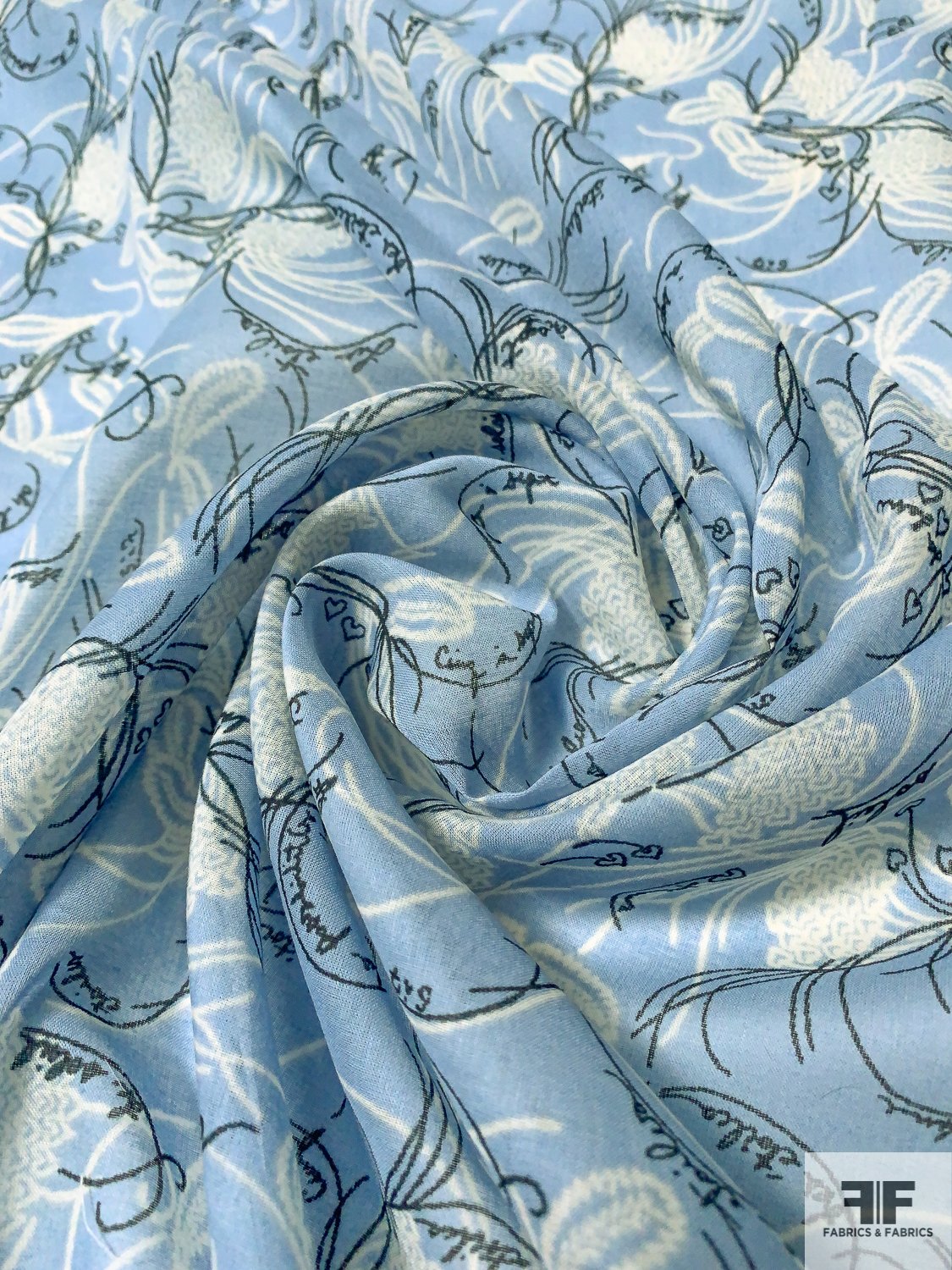 Delicate Hearts in Floral with French Script Printed Cotton Voile - Soft Blue / White / Black