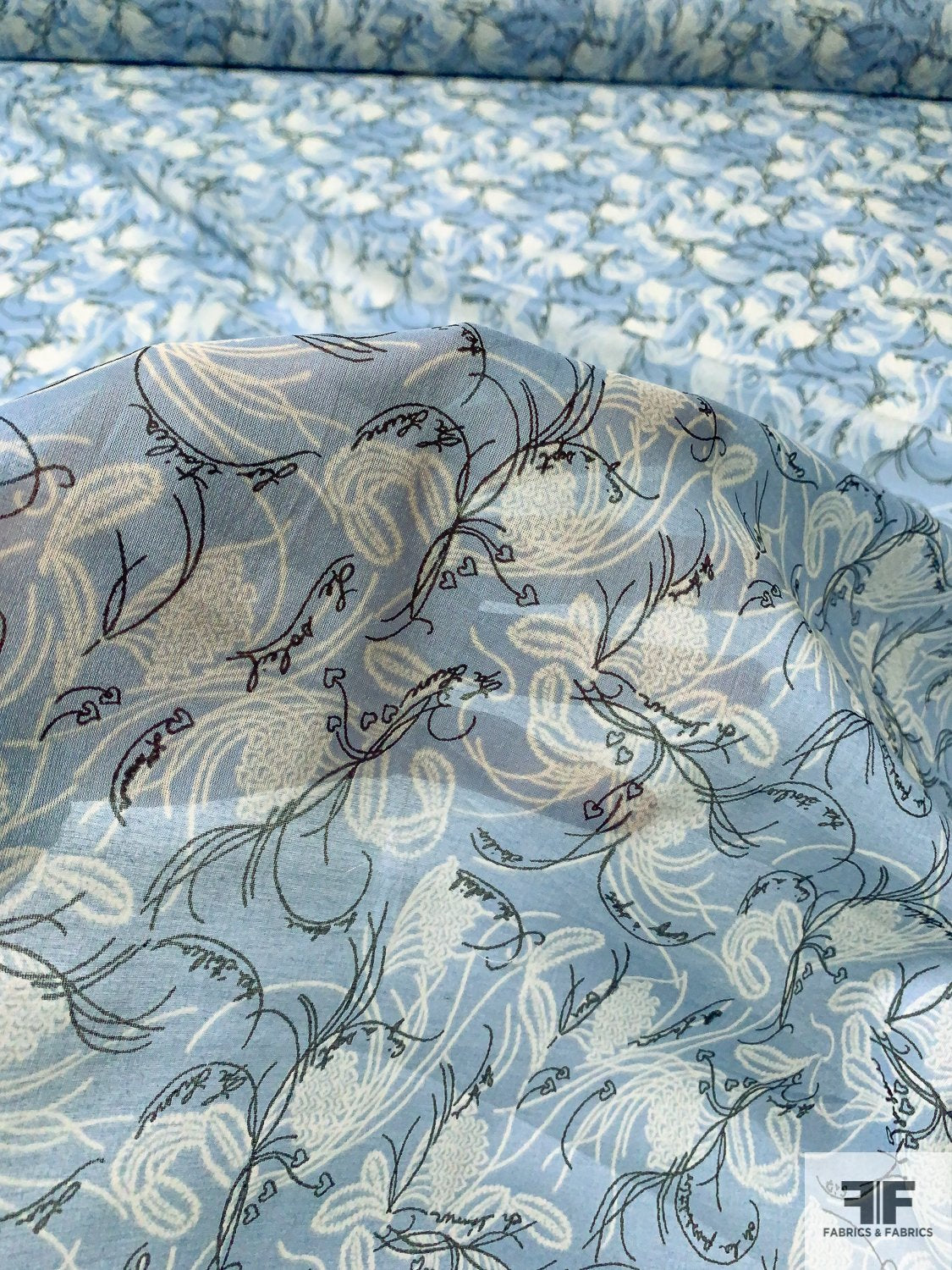 Delicate Hearts in Floral with French Script Printed Cotton Voile - Soft Blue / White / Black