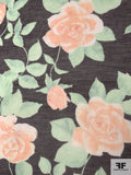 Classic Floral Printed Cotton and Silk Voile - Peach / Sage / Black