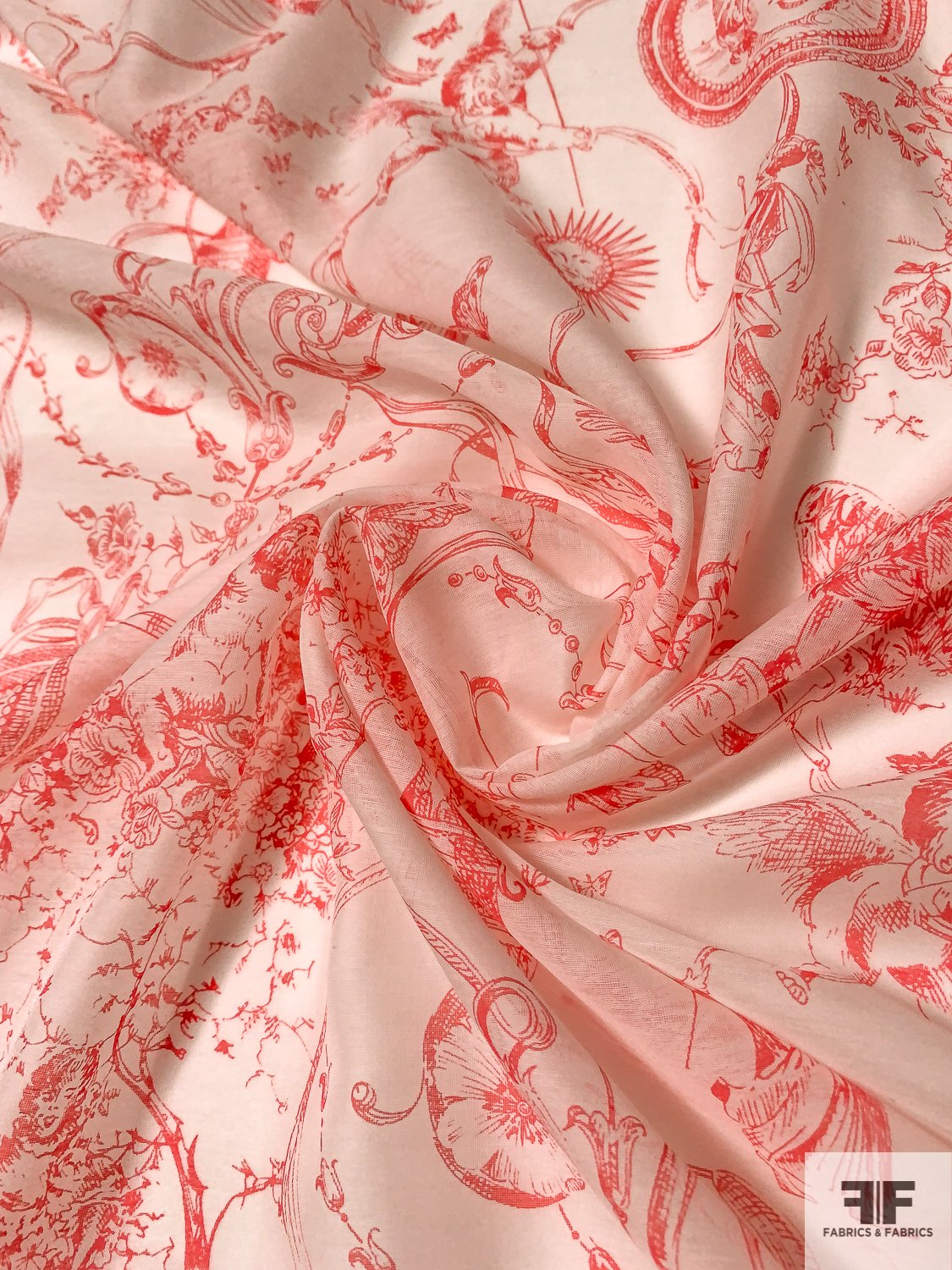 Toile Printed Cotton and Silk Voile - Hot Coral / Off-White