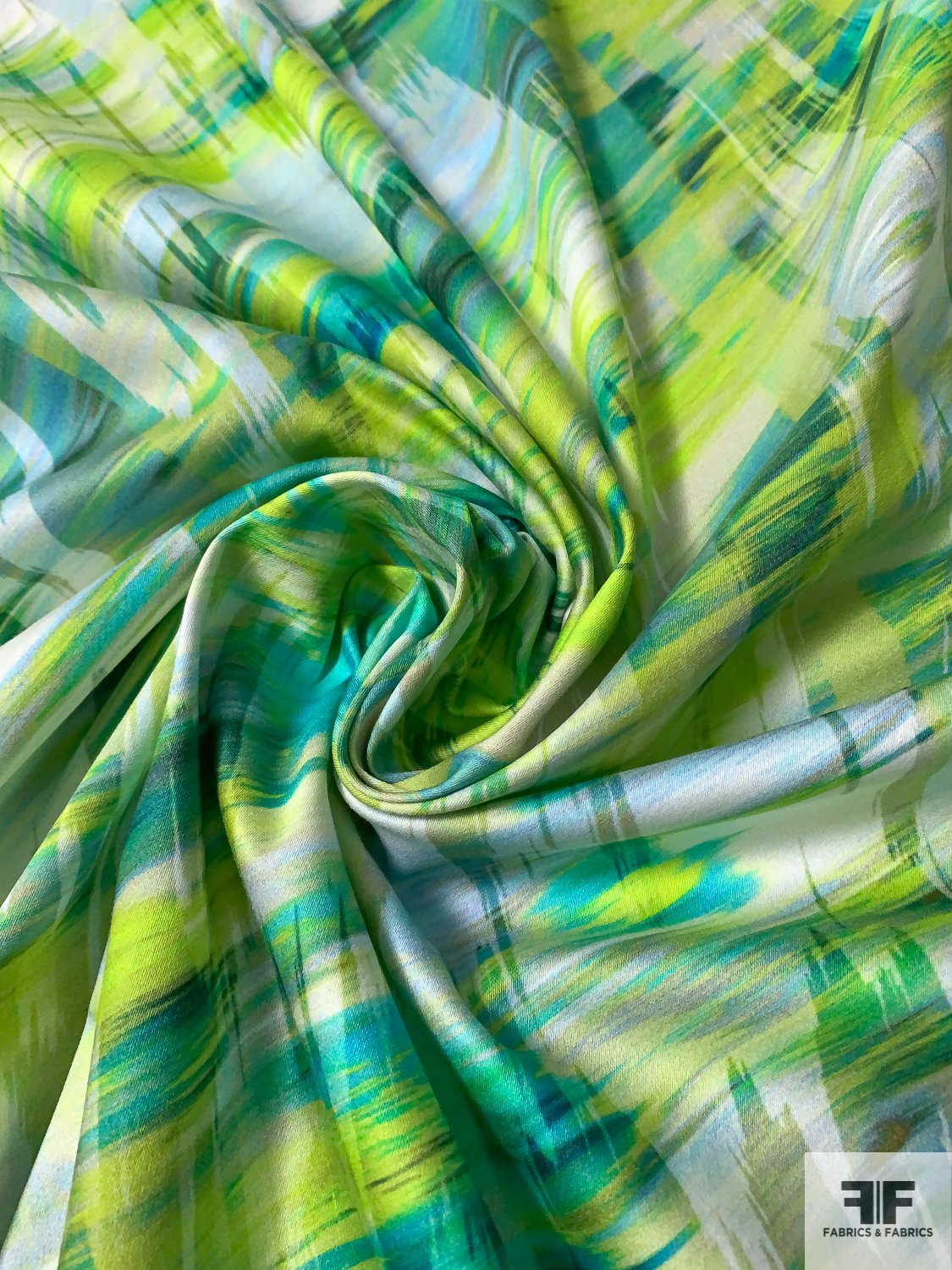 Italian Abstract Streaks Printed Stretch Cotton Sateen - Shades of Green / Faint Blue