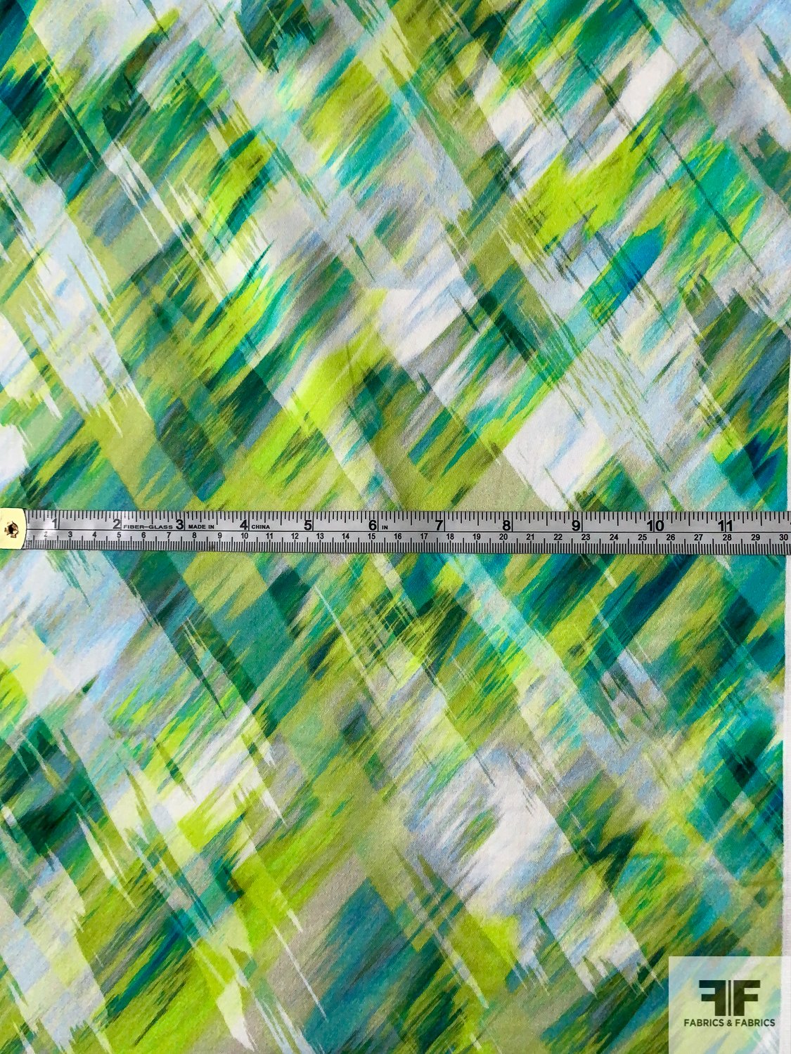 Italian Abstract Streaks Printed Stretch Cotton Sateen - Shades of Green / Faint Blue