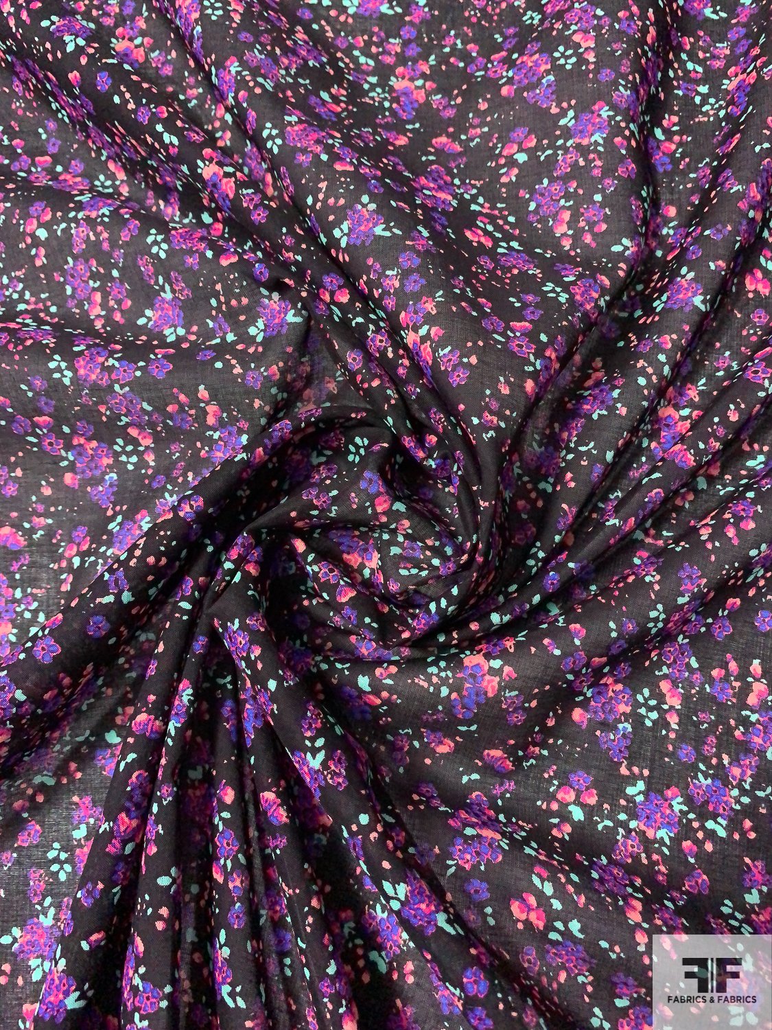 Ditsy Floral Printed Cotton Lawn - Black / Pinks / Seafoam / Purple