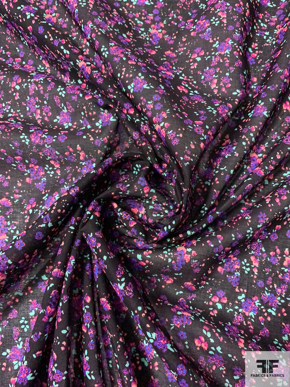 Viscose Dress Fabric - Colourful Ditsy Flowers on Black