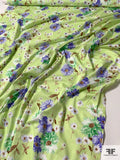 Floral Stems Fine Lightweight Cotton Twill - Lime Green / Purple / Browns / White