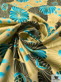 Art Deco Floral Printed Stretch Cotton Sateen - Turquoise / Hunter Green / Ecru