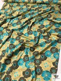 Art Deco Floral Printed Stretch Cotton Sateen - Turquoise / Hunter Green / Ecru
