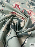 Floral Blossoms Printed Light Cotton Canvas - Teal-Grey / Rose / Pink / Off-White