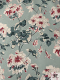 Floral Blossoms Printed Light Cotton Canvas - Teal-Grey / Rose / Pink / Off-White