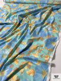 Watercolor Floral Printed Stretch Cotton Twill - Seafoam / Blue / Golden-Tan / Latte