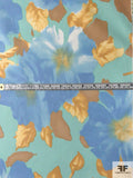 Watercolor Floral Printed Stretch Cotton Twill - Seafoam / Blue / Golden-Tan / Latte