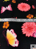 Butterfly and Floral Printed Stretch Cotton Sateen - Black / Magenta / Coral / Orange / Green
