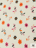 Playful Floral Printed Stretch Cotton Poplin - Pumpkin Orange / Magenta / Black / Off-White