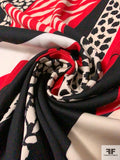 Animal Pattern Geo-Collage Stretch Rayon Cotton Poplin - Red / Black / Beige / Ivory