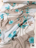 Ethereal Floral Bouquets Printed Cotton Voile-Lawn - Turquoise / Taupe / Off-White