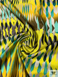 Geometric Kaleidoscope Printed Cotton-Silk Shirting Panel - Chartreuse / Teal / Turmeric / Grey