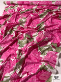 Bold Floral Printed Stretch Cotton Poplin - Magenta / Pickle Green / Off-White