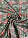 Distressed Look Plaid Printed Heavy Stretch Cotton Twill - Forest Green / Sky Blue / Red