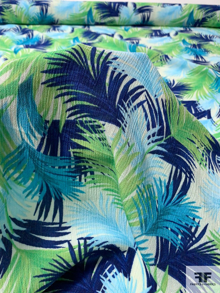 Tropical Leaf Printed Crinkled Rayon Challis Gauze - Royal Blue ...