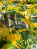 Hazy Tropical Leaf Printed Stretch Tulle - Sunny Yellow / Greens / Purple / White