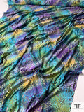 Novelty Tulle with Flock-Like Ethno-Geometric Design - Turquoise / Purple / Yellow / Green