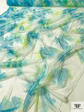Floral Silhouette Printed Nylon Tulle - Turquoise / Greens / White
