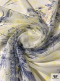 Floral Line-Drawing Printed Stretch Nylon Netting - Ivory / Navy / Yellow