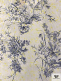 Floral Line-Drawing Printed Stretch Nylon Netting - Ivory / Navy / Yellow
