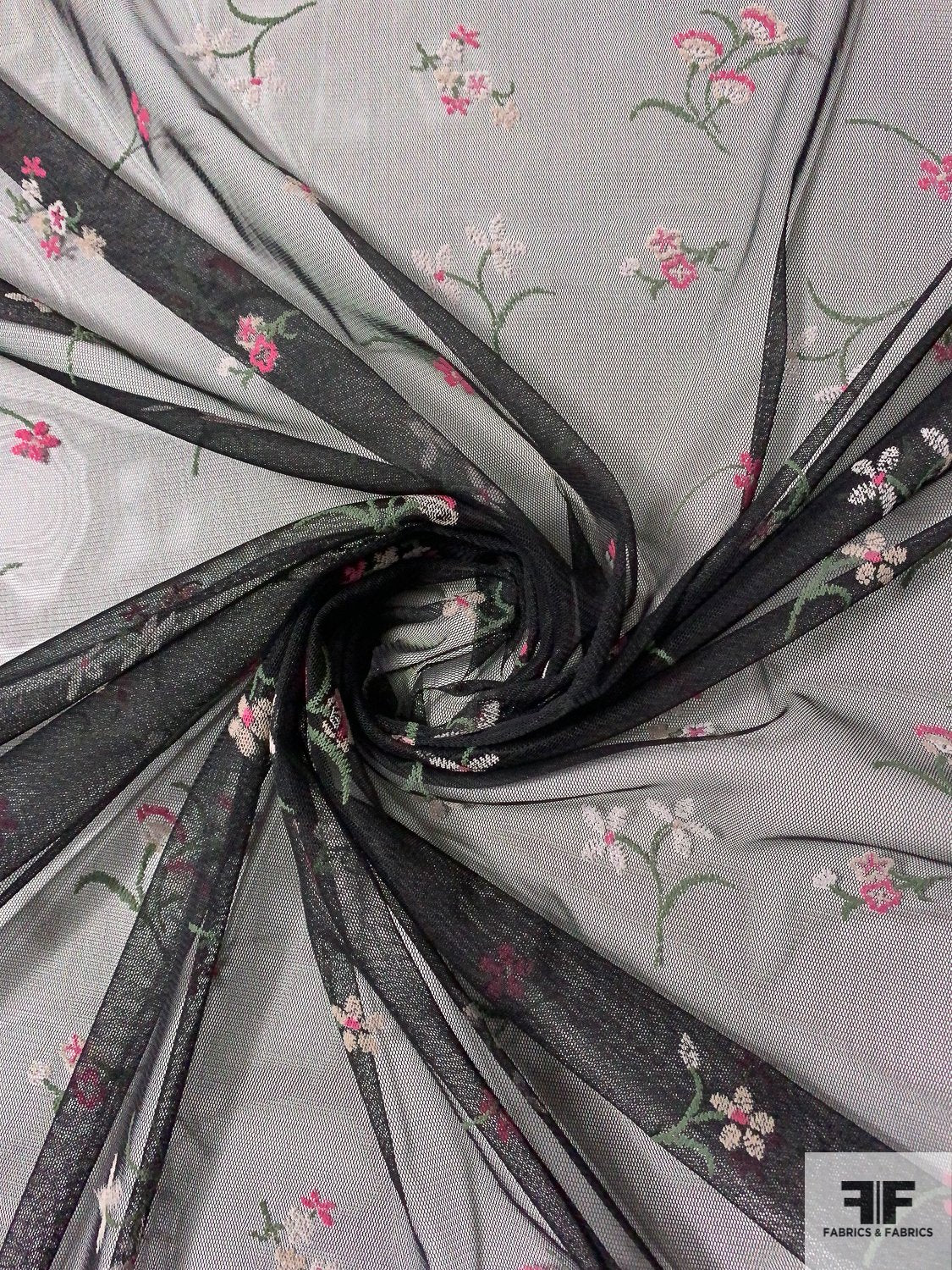 Subtly Flocked Dainty Floral Stretch Tulle - Black/Dusty Rose/Dusty  Green/Beige