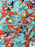 Tropical Fish and Coral Printed Stretch Nylon Tulle - Aqua / Multicolor