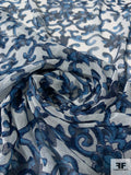 Ornate Floral Printed Stretch Nylon Tulle - Navy / Blue / White