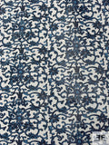 Ornate Floral Printed Stretch Nylon Tulle - Navy / Blue / White