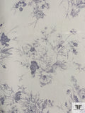 Floral Sketch Printed Stretch Nylon Tulle - Ivory / Eggplant Purple