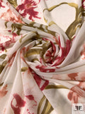 Watercolor Swaying Floral Printed Stretch Nylon Tulle - Dark Rose / Mauve / Olive / Off-White