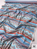 Ethnic Boho Linear Design Printed Stretch Cotton Sateen - Shades of Blue / Hot Orange / Butter Yellow / Grey
