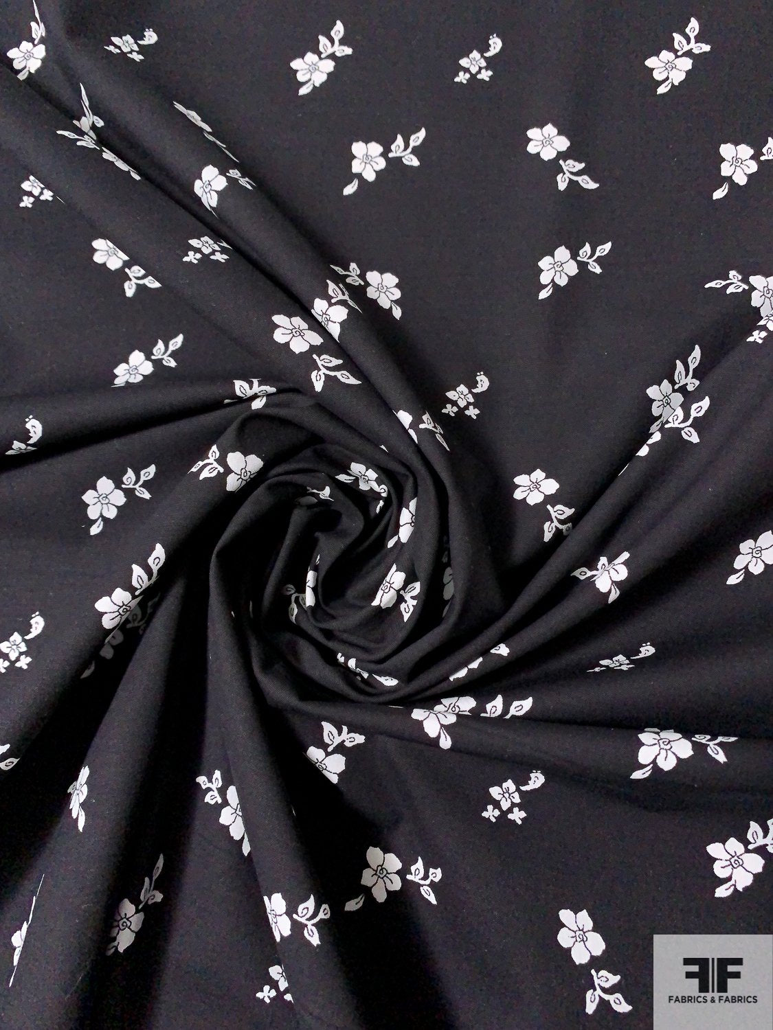 Ditsy Floral Printed Stretch Cotton Poplin - Black / White - Fabric by the  Yard