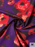 Watercolor Floral Printed Shiny Fused Cotton Faille - Purple / Red Rose / Black